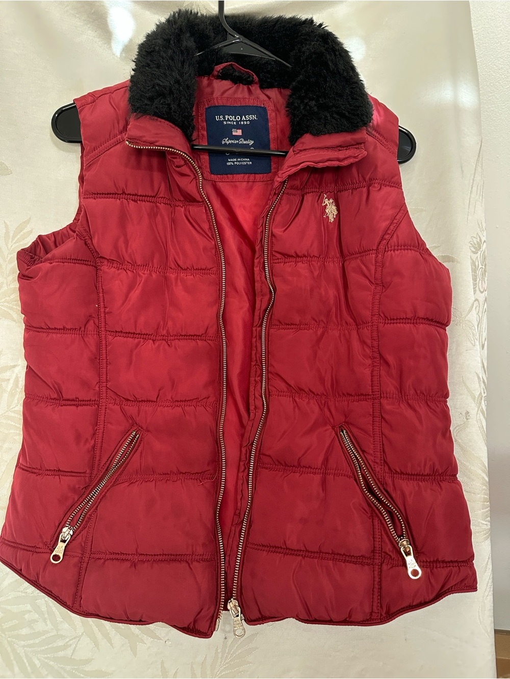 U.S. Polo Assn. Red Quilted Puffer Vest with Black Faux Fur Collar